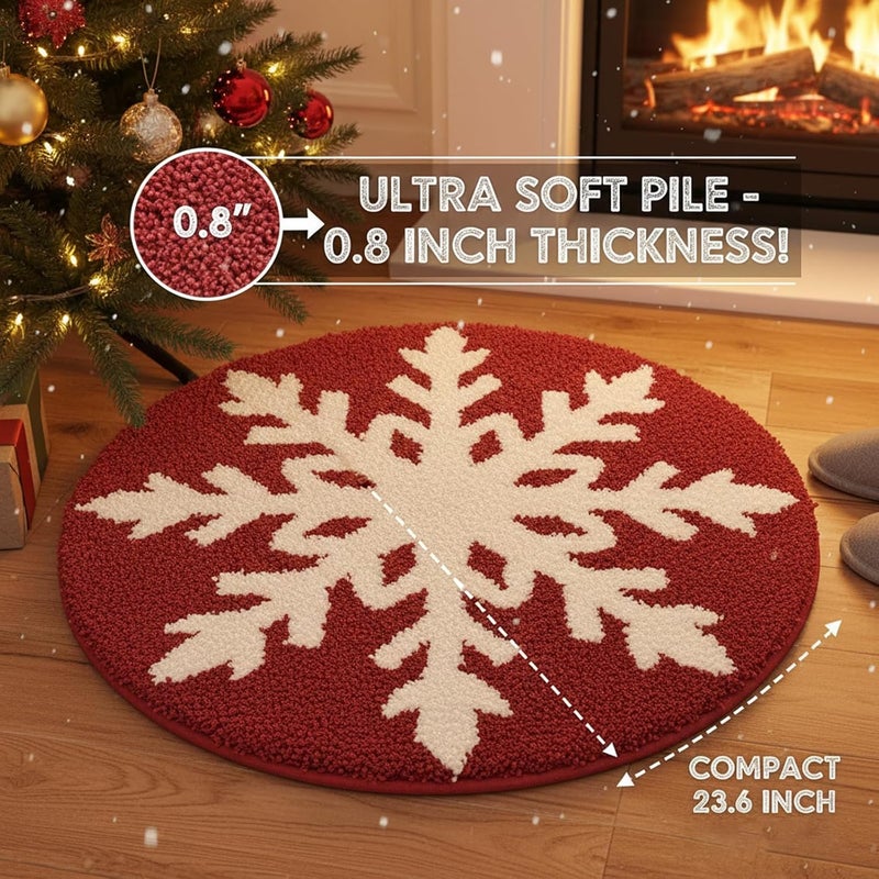 REFGY Christmas Bath Rug, 24x24" Red Snowflake Round Bathroom Mat, Extra Soft & Absorbent, Machine Washable Non Slip Shower Mat, Winter Themed Xmas Plush Bathroom Floor Rug for Holiday Décor Snow Bath Rug - Image 2